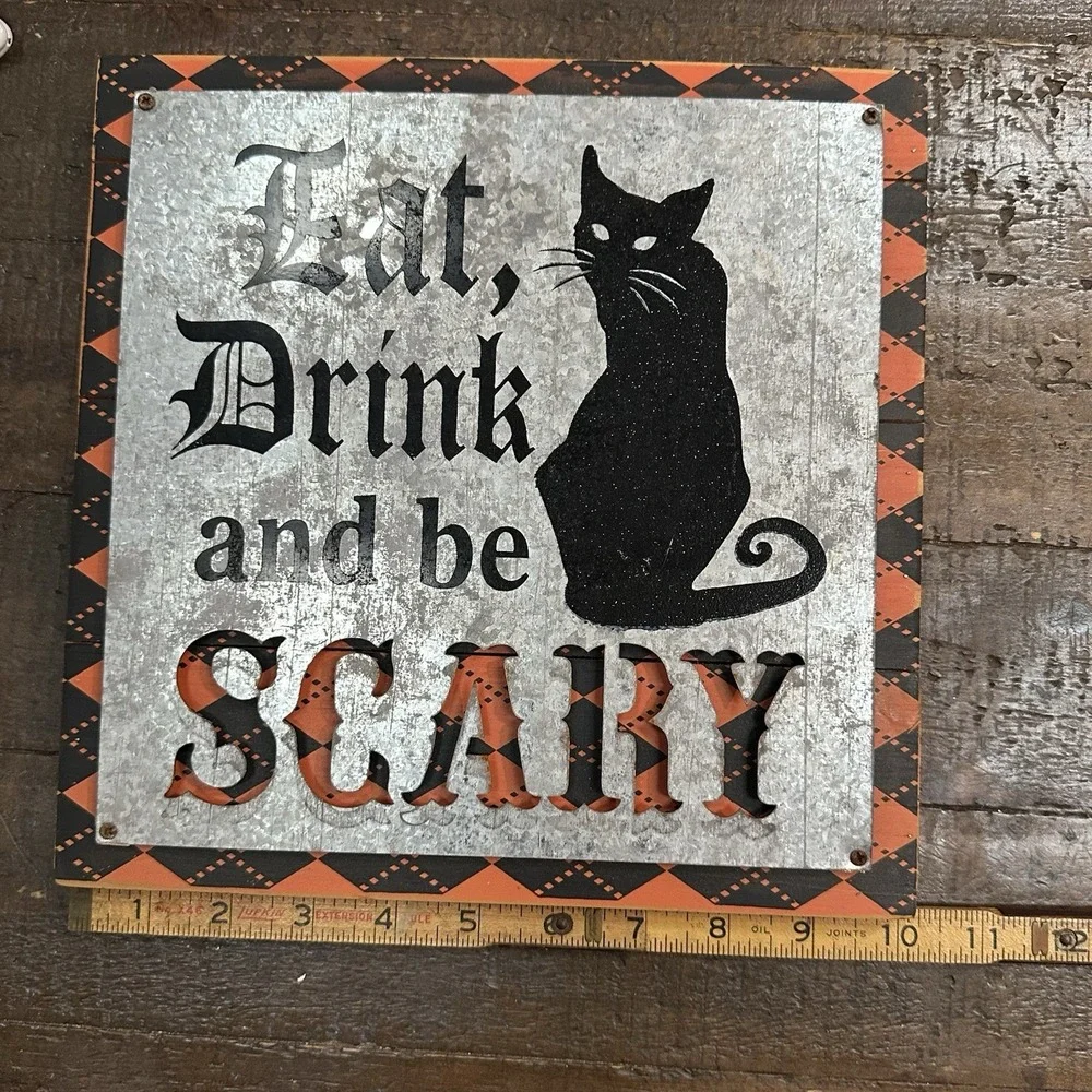 Halloween Black Cat Metal‎ Sign Eat Drink Be Scary 10x10 Wall Decor